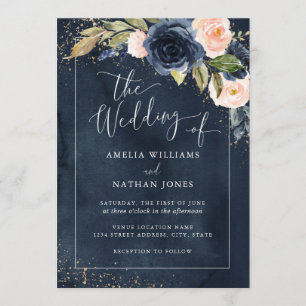 Invitation Noces de Navy Floral Aquarelle Or de Mariage