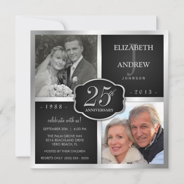 Invitation Noces de noir et d'argent 25e anniversaire de mari (Devant)