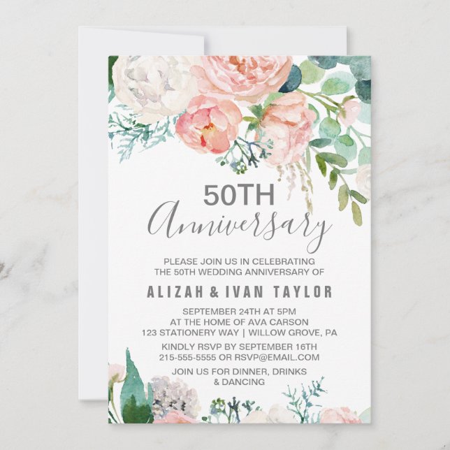 Invitation Noces de peonies romantiques 50 ans (Devant)