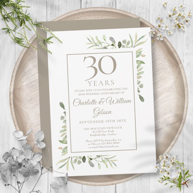 Invitation Noces de perle 30 ans de mariage Floral verdure (Pearl 30th Wedding Anniversary Greenery Floral Invitation)