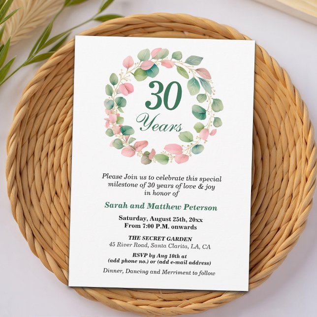 Invitation Noces de perle et d'eucalyptus rose doré 30ème ann (Créateur téléchargé)