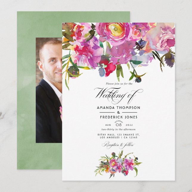 Invitation Noces de photo d'aquarelle de pivoines roses vinta (Devant / Derrière)