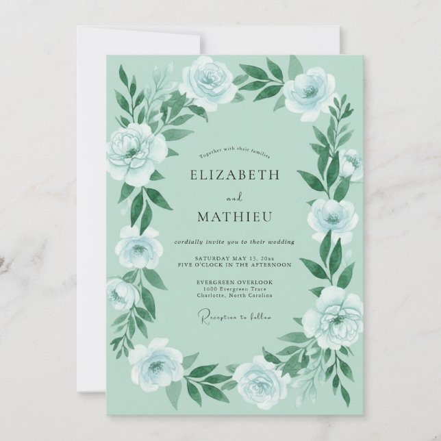 Invitation Noces de Pivoine Azurée et Mousse de Mer (Devant)