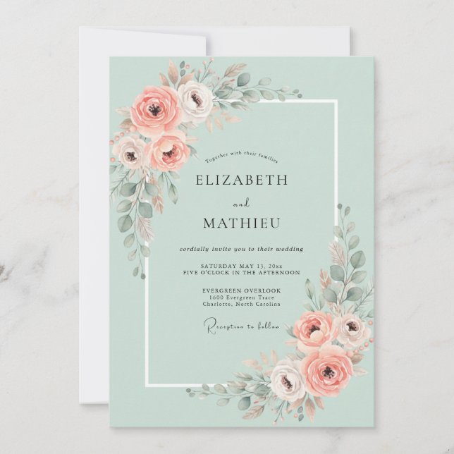 Invitation Noces de Pivoine Corail Mousse de Mer (Devant)
