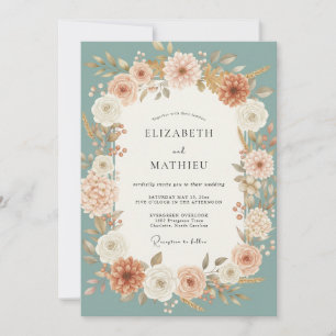 Invitation Noces de Pivoine poussiéreuse pêche et Seafoam