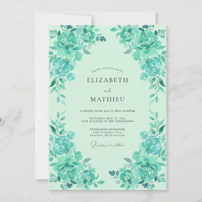 Invitation Noces de Pivoine Turquoise Mousse de Mer (Devant)