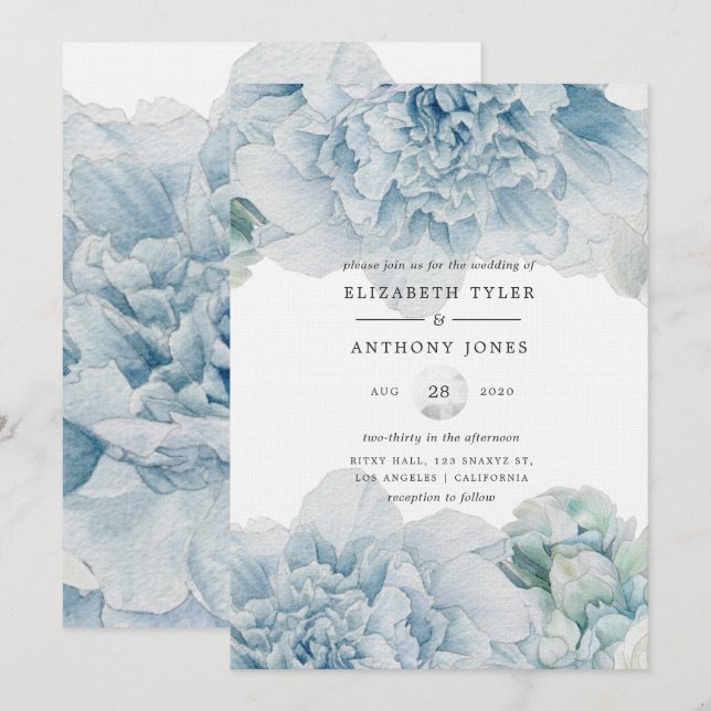 Invitation Noces de Pivoines Bleues (Devant / Derrière)