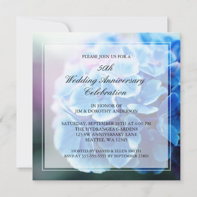 Invitation Noces de porcelaine Hydrangea Bleu Violet 50ème An (Devant)