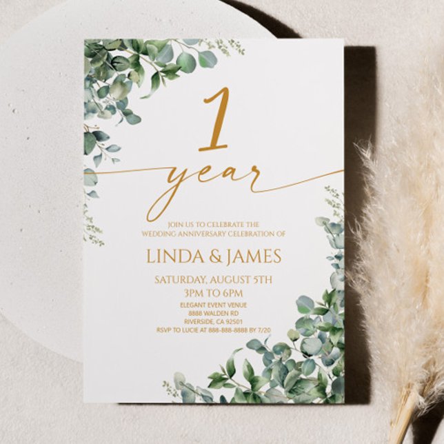 Invitation Noces de première année de mariage Eucalyptus Vert (Créateur téléchargé)