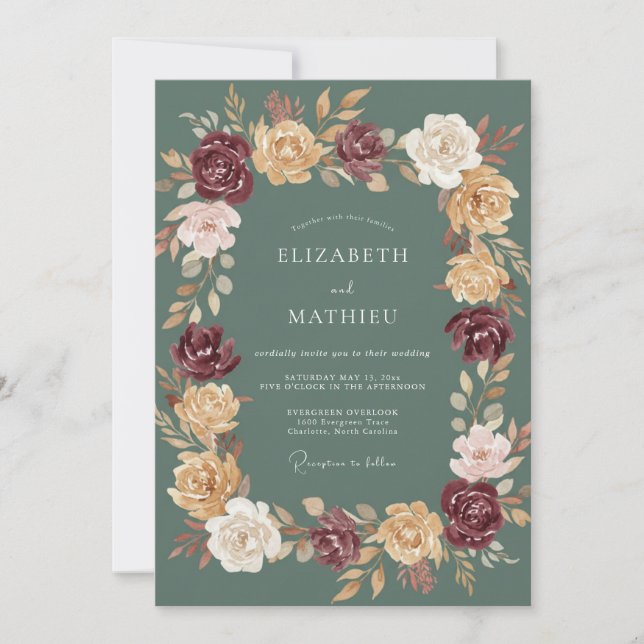 Invitation Noces de Ranunculus Or Bourgogne avec Eucalyptus D (Devant)