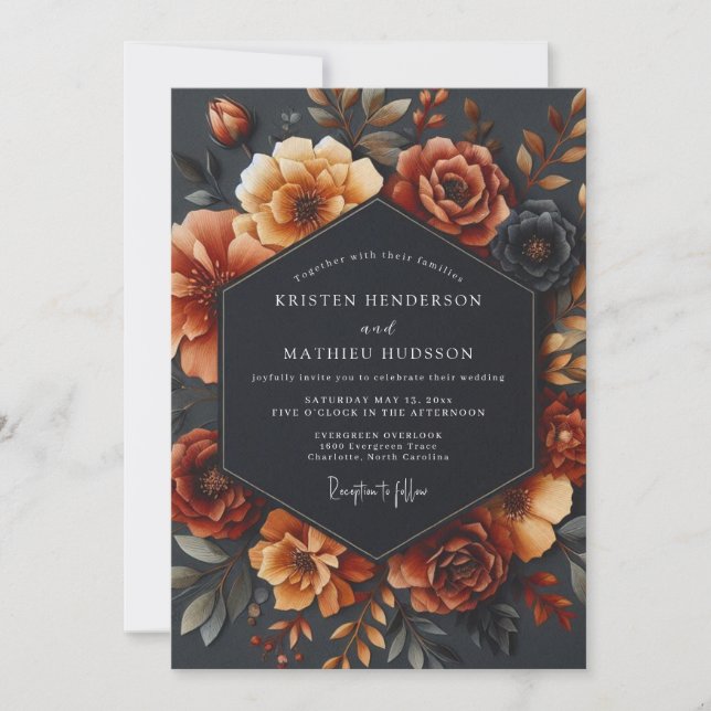Invitation Noces de romance à la floraison orange rouillée (Devant)