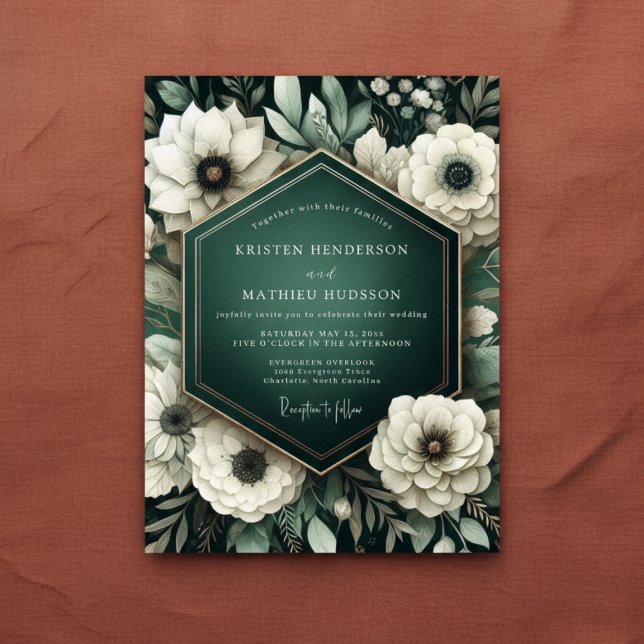 Invitation Noces de romance botanique à l'anémone émeraude (Créateur téléchargé)