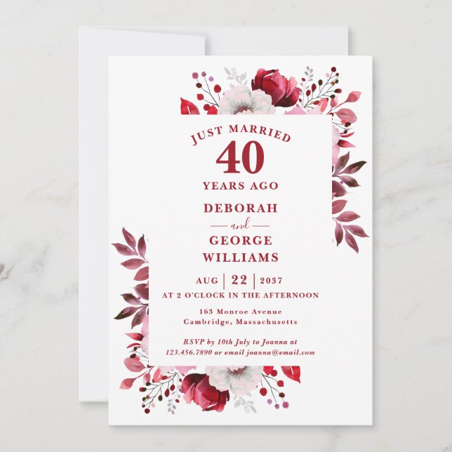 Invitation Noces de rubis 40 ans de mariage monogramme floral (Devant)