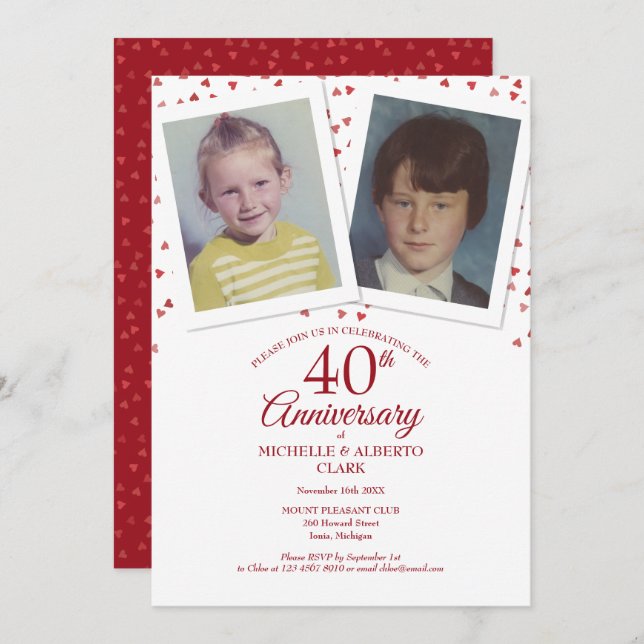 Invitation Noces de rubis 40 ans Photos d'enfance (Devant / Derrière)
