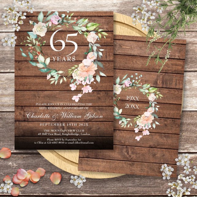 Invitation Noces de saphir pour 45 ans ou 65 ans de mariage - (Rustic Wood 45th 65th Wedding Anniversary Floral Invitation)
