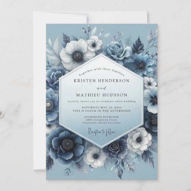 Invitation Noces de sérénité florale bleu ardoise (Devant)