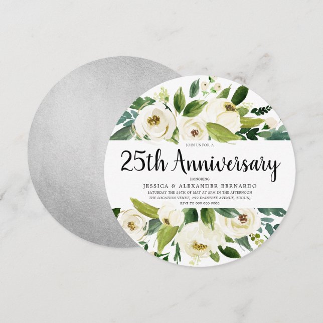 Invitation Noces de Silver Floral Blanc 25 Ans de Mariage (Devant / Derrière)