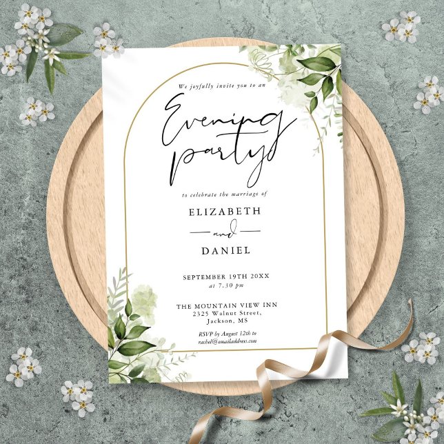 Invitation Noces de soirée rustiques avec arche dorée et verd (Rustic Greenery Gold Arch Wedding Evening Party Invitation)