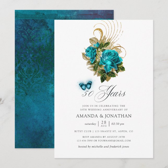 Invitation Noces de turquoise et d'or 50e anniversaire de mar (Devant / Derrière)