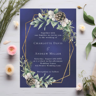 Invitation Noces de verdure hivernale or géométrique bleu