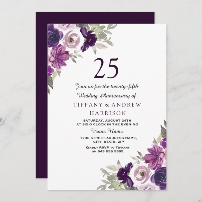 Invitation Noces de violette pour 25 ans de mariage (Devant / Derrière)