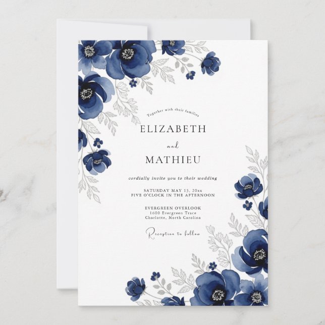 Invitation Noces d'hiver Anémone Argent Navy (Devant)