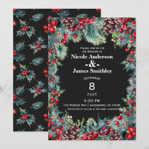 Invitation Noces d'hiver sombre Baies et pommes de pin des Fê