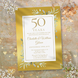 Invitation Noces d'or 50 ans de mariage feuillage papier doré