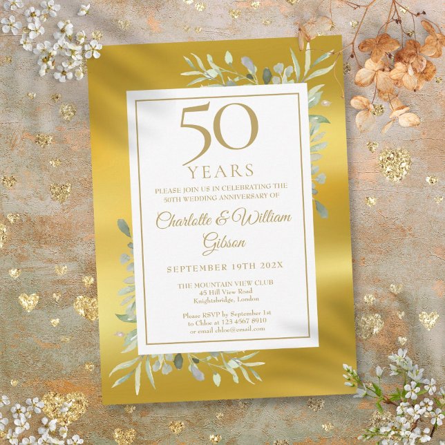 Invitation Noces d'or 50 ans de mariage feuillage papier doré (50th Wedding Anniversary Greenery Gold Foil Invitation)