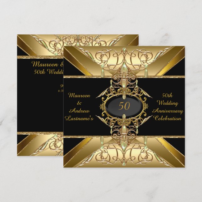 Invitation Noces d'or 50e Anniversaire de Mariage Bijou Doré (Devant / Derrière)