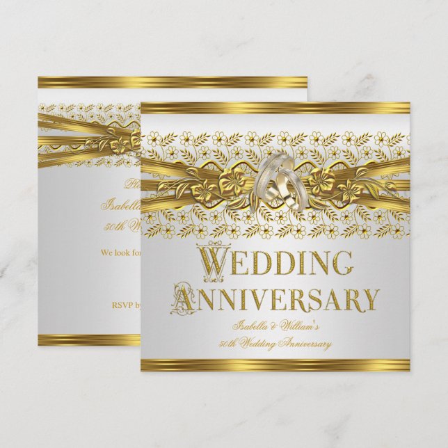 Invitation Noces d'or : Anneau de 50 ans de Mariage Fleur Bla (Devant / Derrière)