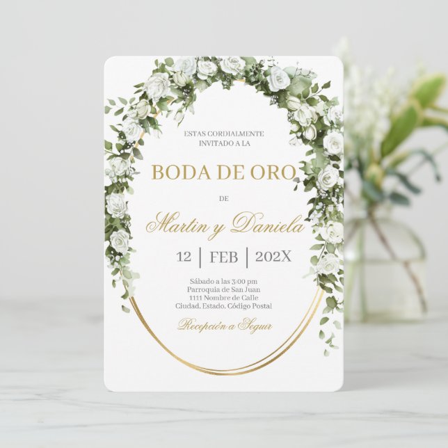Invitation Noces d'or avec bouquet de fleurs blanches (Debout devant)