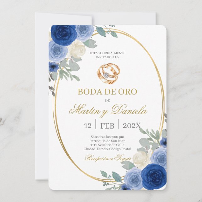 Invitation Noces d'or avec fleur bleue (Devant)