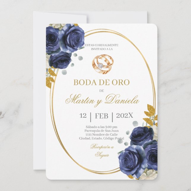 Invitation Noces d'or avec un thème bohème bleu (Devant)