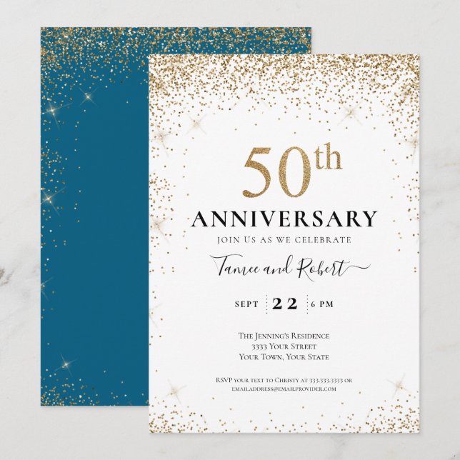 Invitation Noces d'or Blanc Sarcelle 50e Anniversaire de Mari (Devant / Derrière)