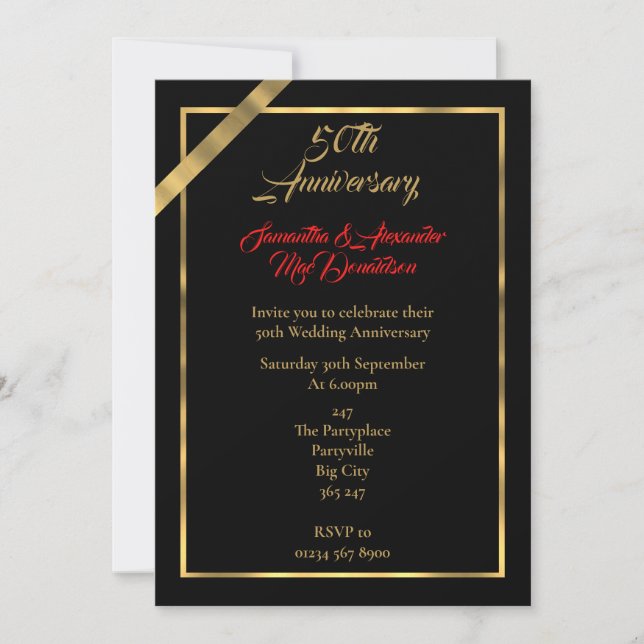Invitation Noces d'or de 50 ans de mariage noir et or (Devant)