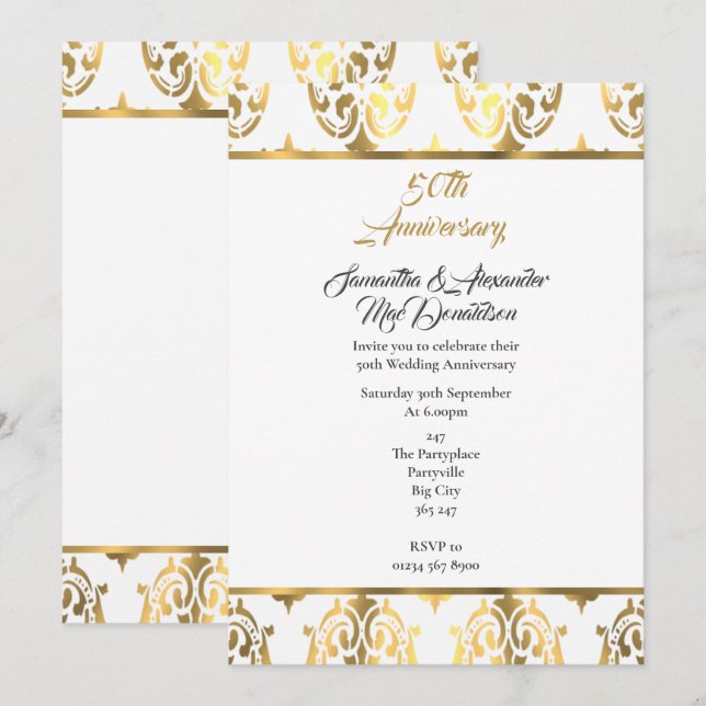 Invitation Noces d'or et de damas pour le 50e anniversaire de (Devant / Derrière)