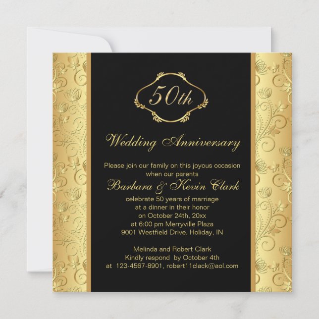 Invitation Noces d'or florales noires 50e anniversaire de mar (Devant)