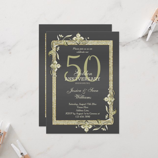 Invitation Noces d'Or Gem & Glitter 50ème Anniversaire de Mar (Devant/Arrière en situation)