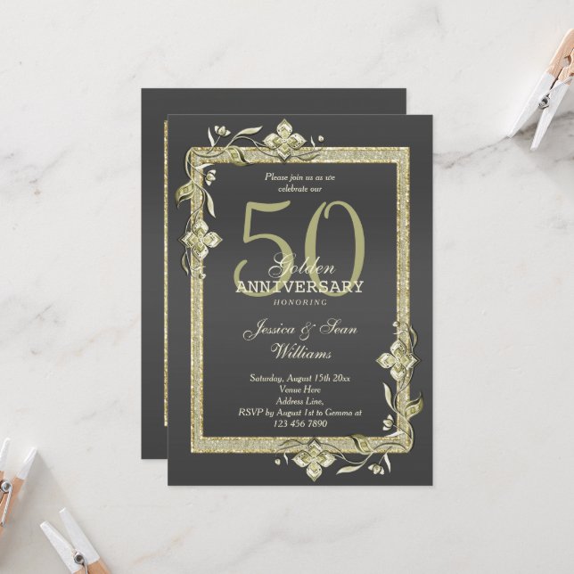 Invitation Noces d'Or Gold Gem & Glitter 50e anniversaire de  (Devant/Arrière en situation)