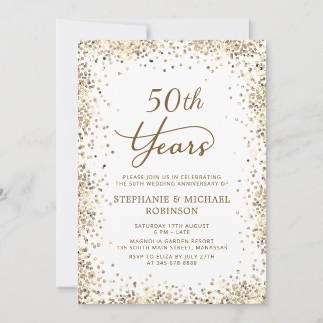 Invitation Noces d'or pailletées et blanches 50e anniversaire (Devant)