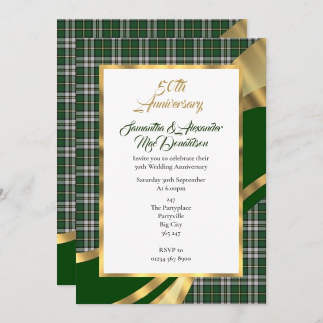 Invitation Noces d'or tartan écossais vert (Devant / Derrière)