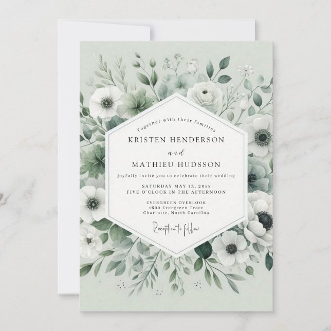 Invitation Noces Élégance Fleur Verte Sauge (Devant)
