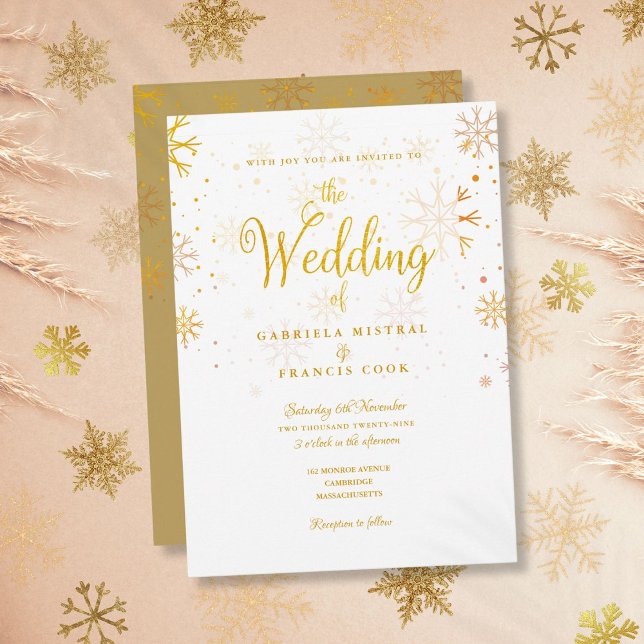 Invitation Noces élégantes de script d'hiver de flocons de ne (Gold Winter Snowflakes Elegant Script Wedding Invitation)