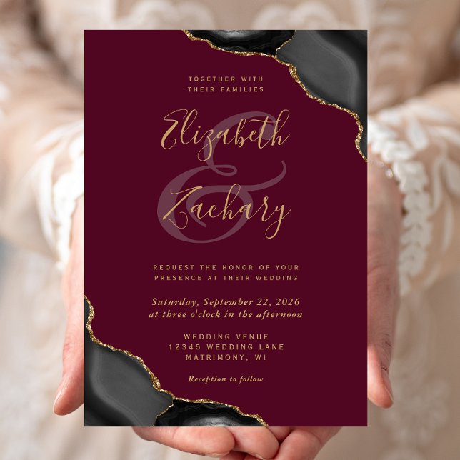 Invitation Noces en agate aux coins bordeaux et or noir (Créateur téléchargé)