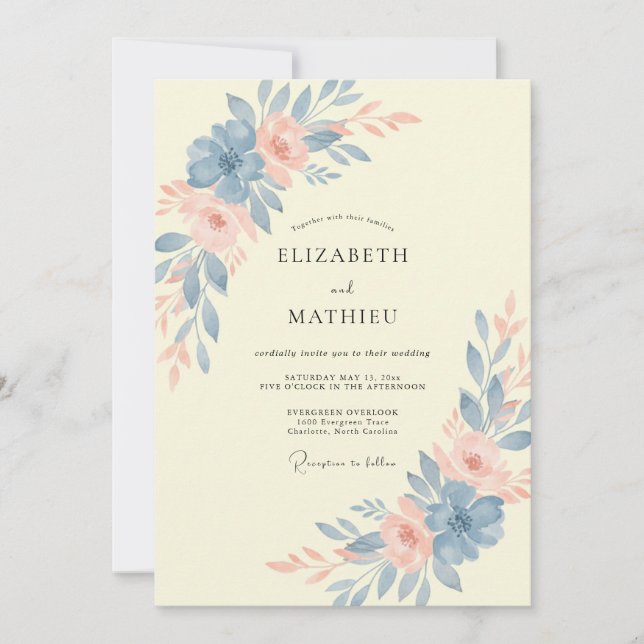 Invitation Noces en Pivoine Bleu Acier Jaune (Devant)