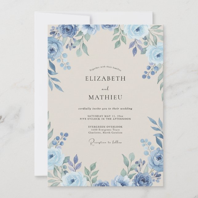 Invitation Noces Eucalyptus au feuillage d'acier et bleuet (Devant)