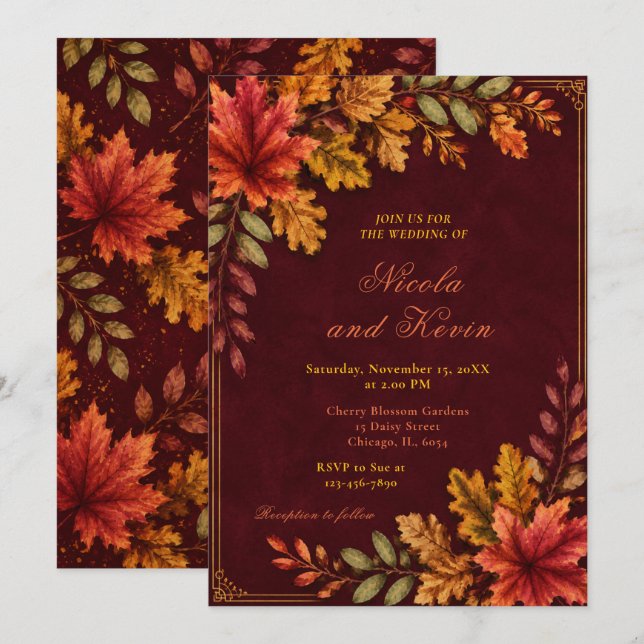 Invitation Noces Feuilles d'Automne Bourgogne (Devant / Derrière)