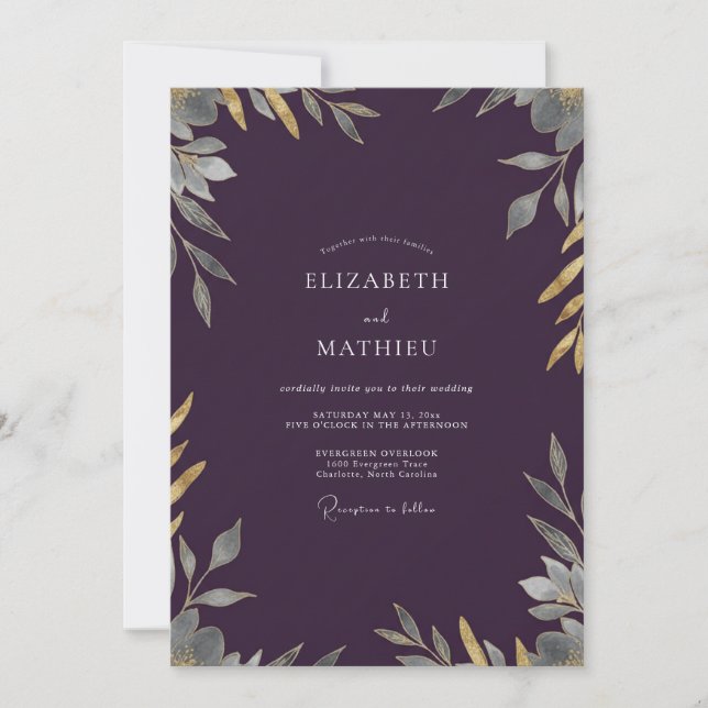 Invitation Noces Feuilles de Champagne au Plum (Devant)