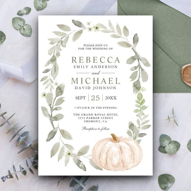 Invitation Noces Feuilles de Sauge Rustique Vert Citrouille B (Créateur téléchargé)